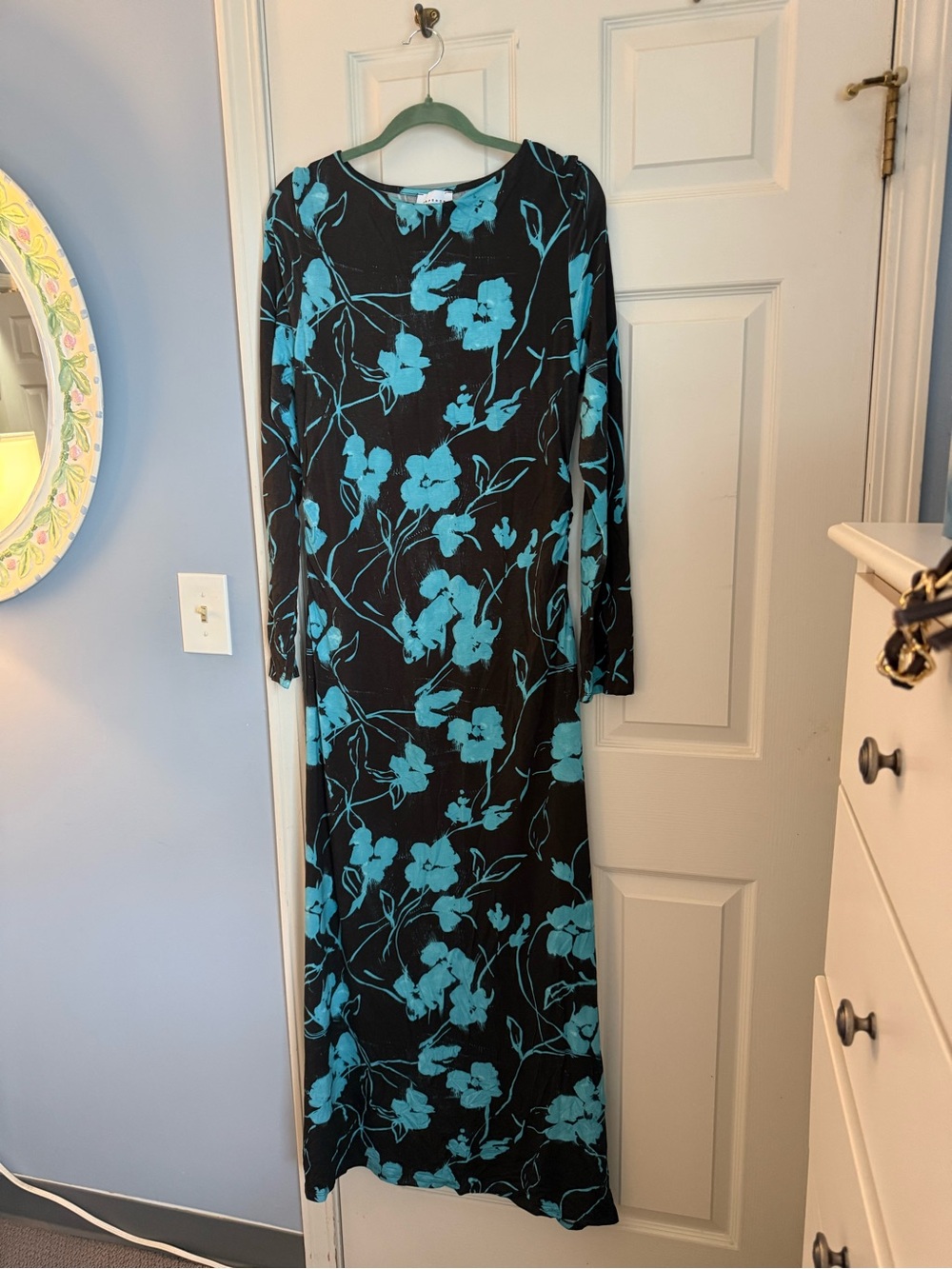Topshop Black & Teal Floral Slash Neck Long Sleeve Maxi Dress